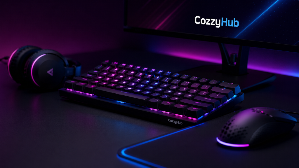 CozzyHub gaming setup with RGB mechanical keyboard, mouse, headphones, and monitor